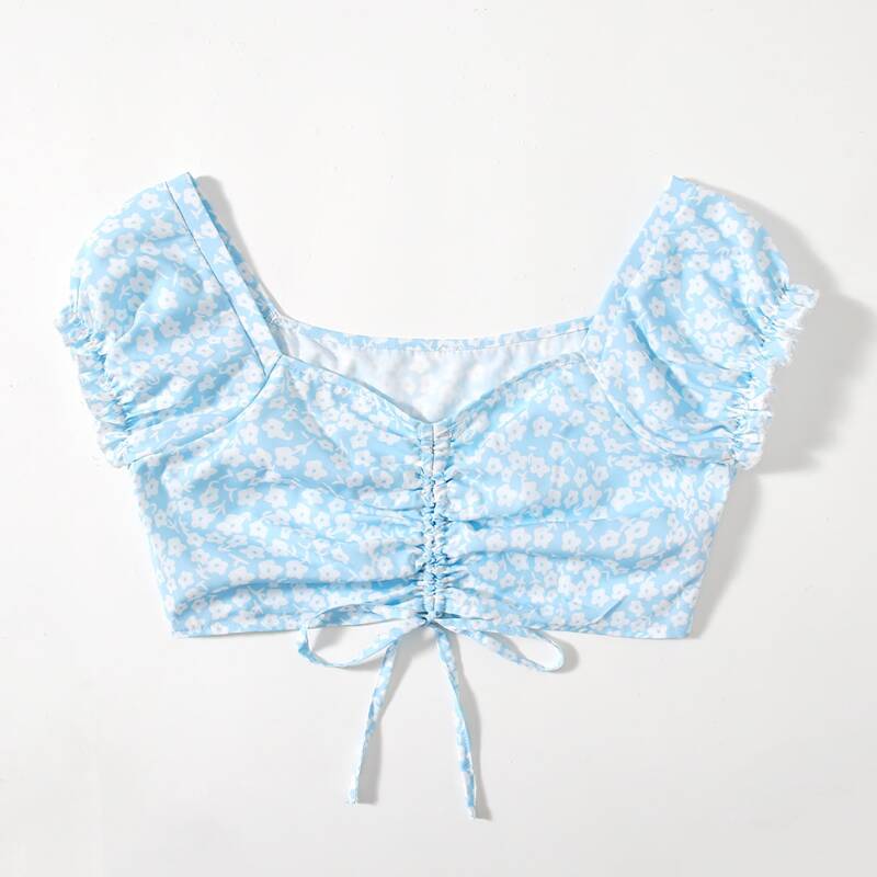 

Ditsy Floral Drawstring Ruched Top, Baby blue