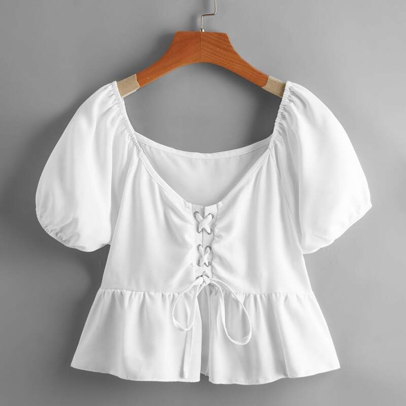 

Solid Lace Up Peplum Blouse, White
