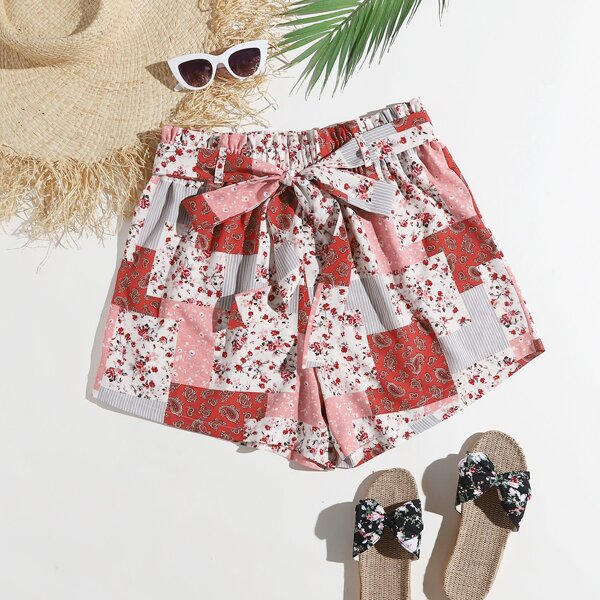 

Plus Ditsy Floral Patchwork Belted Shorts, Multicolor