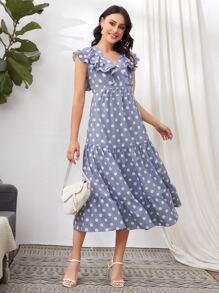 SHEIN Ruffle Trim Flounce Hem Polka Dot Dress - Lilac Purple - View 1