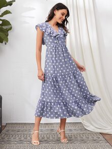 SHEIN Ruffle Trim Flounce Hem Polka Dot Dress - Lilac Purple - View 3