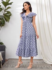 SHEIN Ruffle Trim Flounce Hem Polka Dot Dress - Lilac Purple - View 5