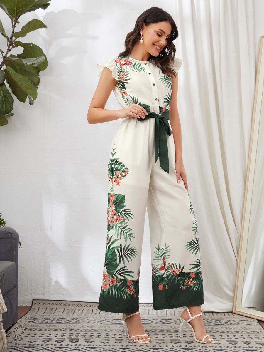 SHEIN VCAY Button Front Belted Tropical Wide Leg Jumpsuit - Beige - View 1