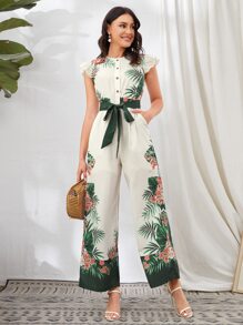 SHEIN VCAY Button Front Belted Tropical Wide Leg Jumpsuit - Beige - View 3