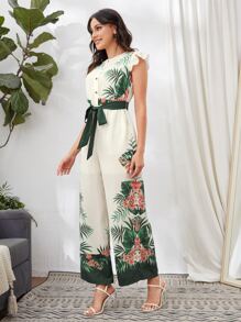SHEIN VCAY Button Front Belted Tropical Wide Leg Jumpsuit - Beige - View 5