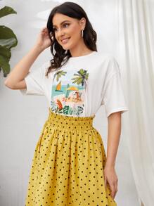 SHEIN Drop Shoulder Tropical & Cartoon Graphic Tee - White - View 1