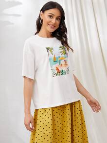 SHEIN Drop Shoulder Tropical & Cartoon Graphic Tee - White - View 3
