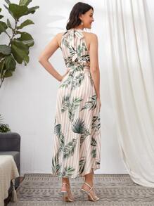 SHEIN VCAY 鎖孔領後繫腰帶帶熱帶和條紋連衣裙