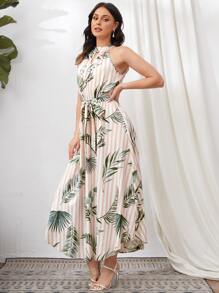 SHEIN VCAY 鎖孔領後繫腰帶帶熱帶和條紋連衣裙