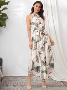 SHEIN VCAY 鎖孔領後繫腰帶帶熱帶和條紋連衣裙