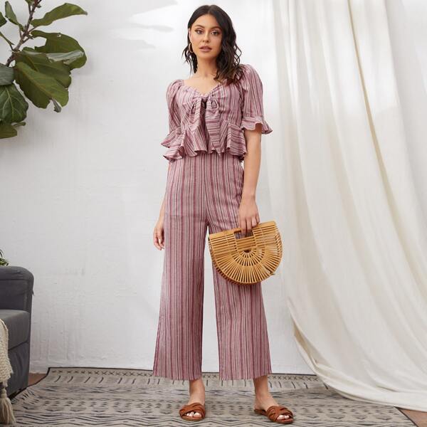 

Tie Front Striped Peplum Top & Wide Leg Pants Set, Multicolor