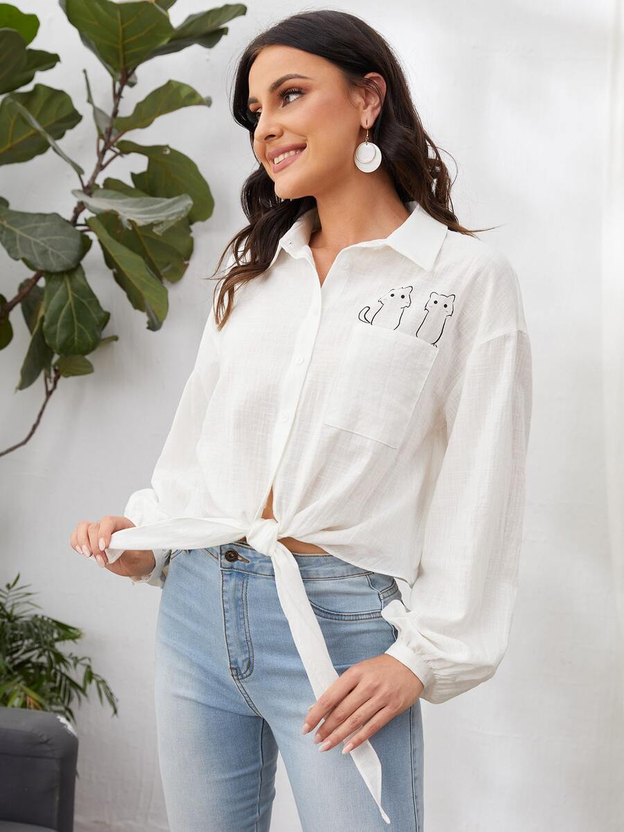 SHEIN 燈籠袖卡通圖案結飾下擺襯衫