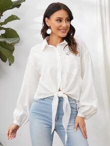 SHEIN 燈籠袖卡通圖案結飾下擺襯衫