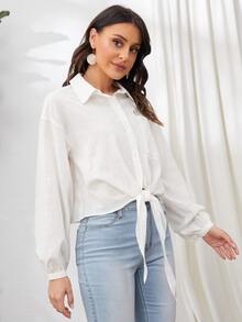 SHEIN 燈籠袖卡通圖案結飾下擺襯衫