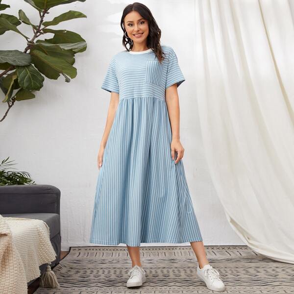 

Drop Shoulder Patch Pocket Striped Print Dress, Blue