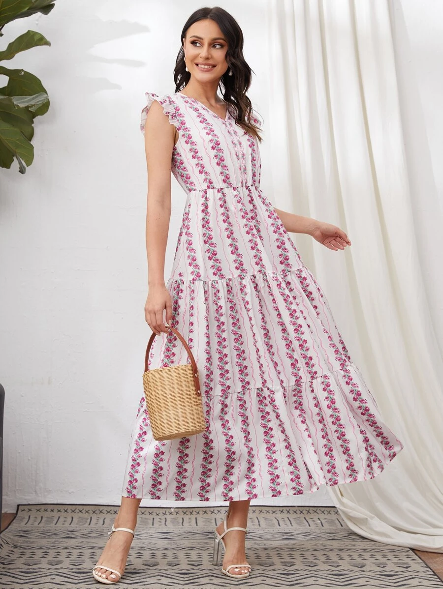 SHEIN Ruffle Armhole Flounce Hem Floral Dress - Baby Pink - View 1