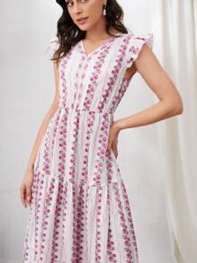 SHEIN Ruffle Armhole Flounce Hem Floral Dress - Baby Pink - View 3