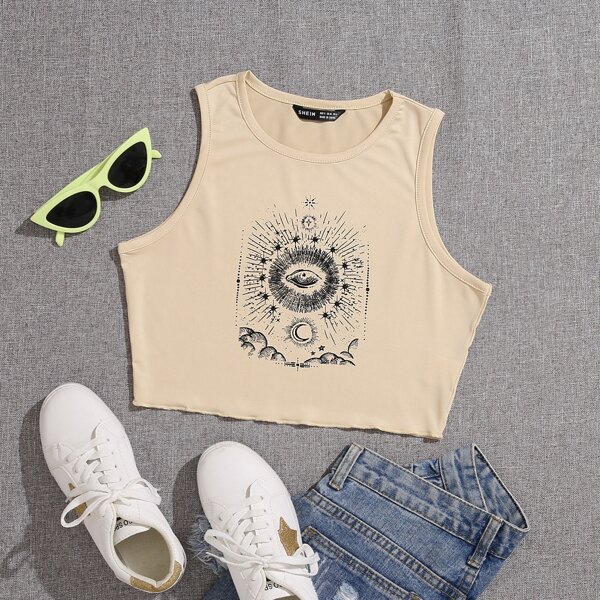 

Graphic Print Crop Tank Top, Khaki