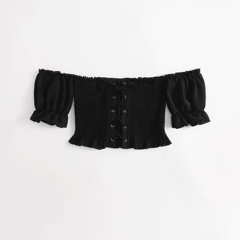 

Off The Shoulder Lace Up Shirred Top, Black