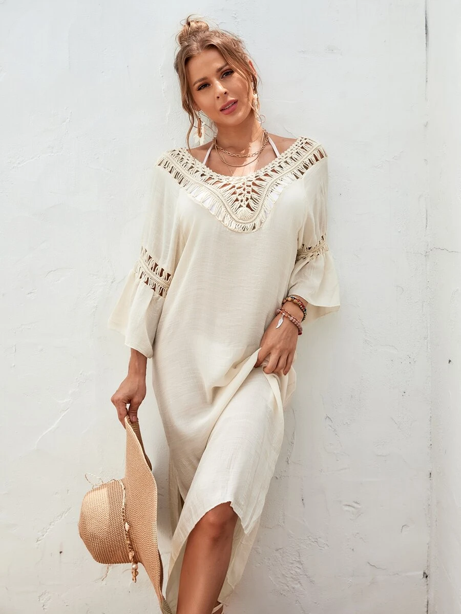 Contrast Crochet Cover Up Dress - Apricot - View 1