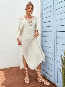 Contrast Crochet Cover Up Dress - Apricot - View 3