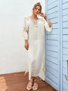Contrast Crochet Cover Up Dress - Apricot - View 4