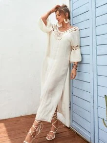 Contrast Crochet Cover Up Dress - Apricot - View 6