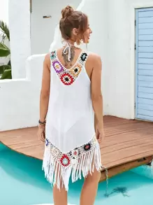 SHEIN Swim 拼接鉤織流蘇下擺罩衫 - 白色 - 查看 2