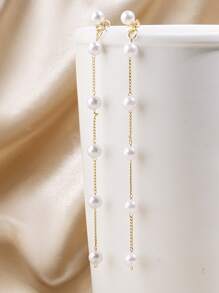 Faux Pearl Drop Earrings - Yellow Gold - View 6