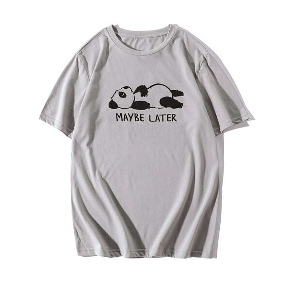 

Men Panda & Slogan Graphic Tee, Grey