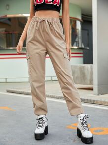 素色翻蓋口袋工裝褲子 - 卡其色 - 查看 3