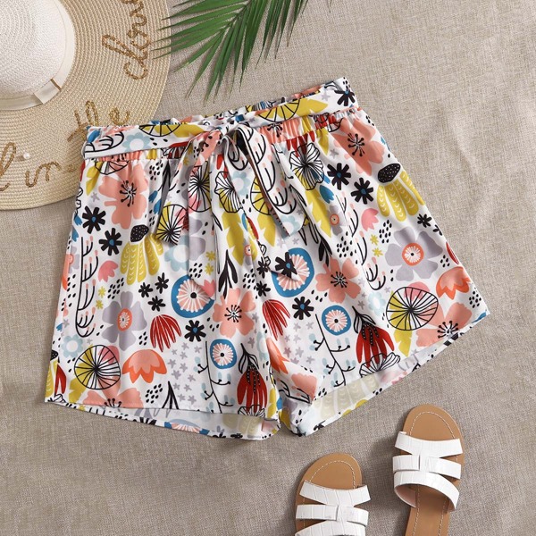 

Plus Floral Self Tie Shorts, Multicolor