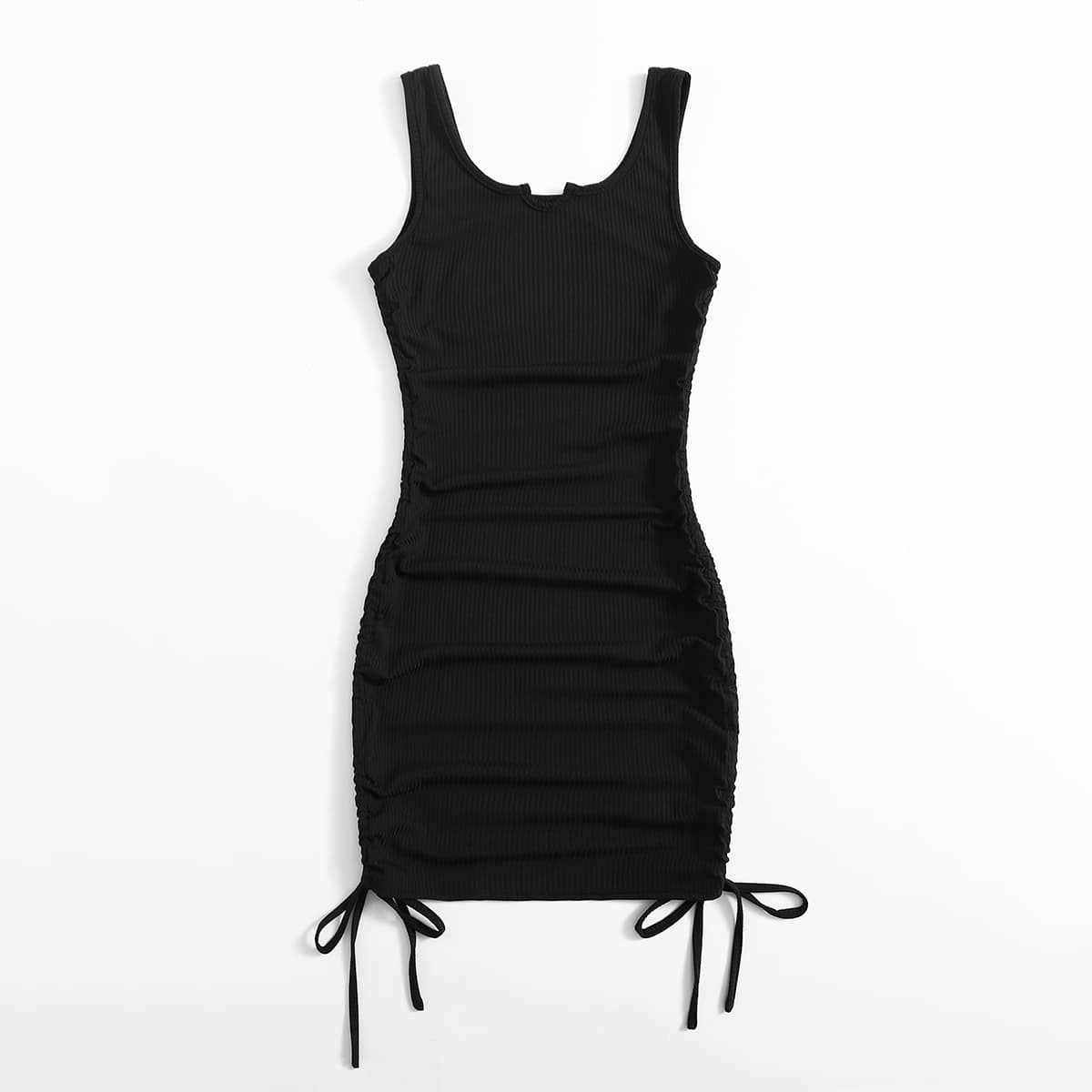 

Solid Drawstring Ruched Dress, Black