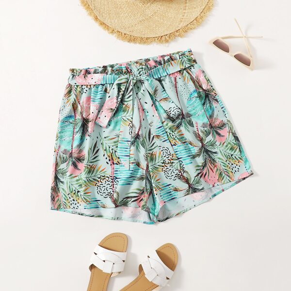 

Plus Tropical Print Belted Shorts, Multicolor