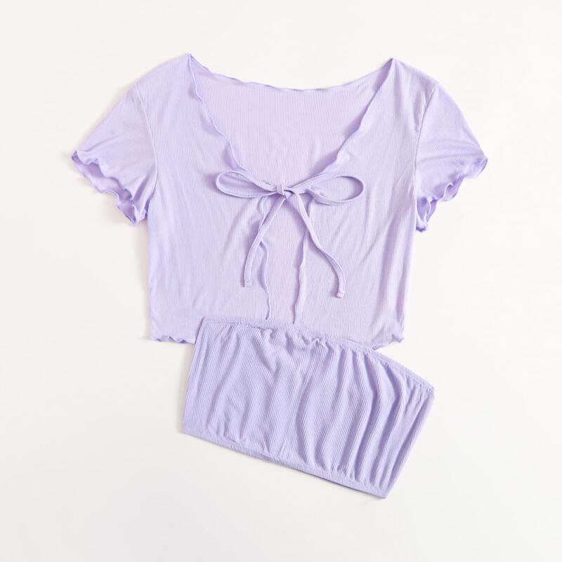 

Solid Ribbed Crop Tube Top & Lettuce Trim Tie Front Top, Lilac purple