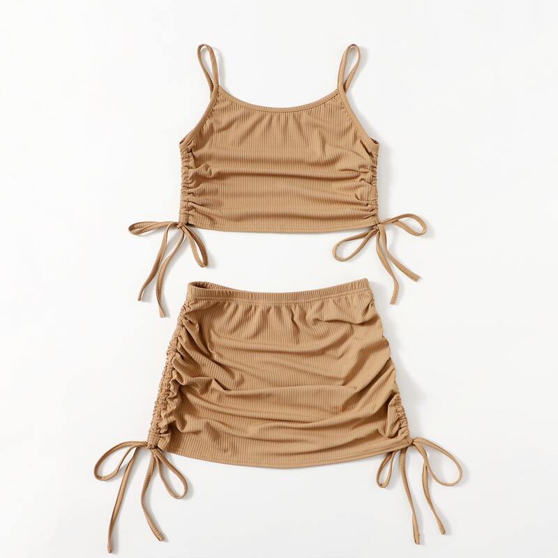 

Solid Drawstring Ruched Crop Cami & Skirt, Khaki
