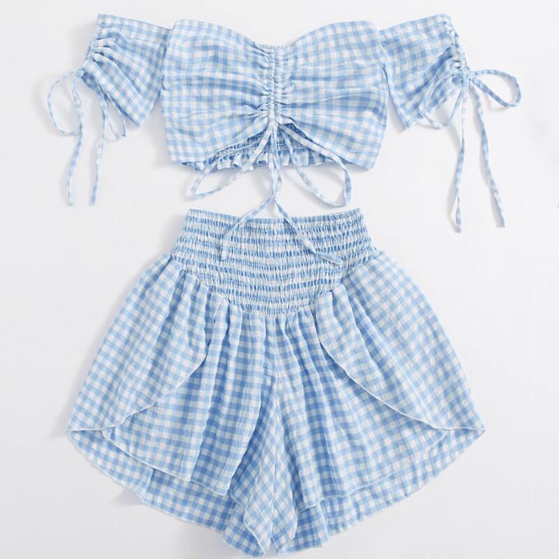 

Gingham Ruched Crop Top & Shorts, Blue and white