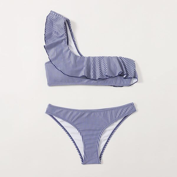 

Striped Ruffle One Shoulder Bikini Swimsuit, Blue and white