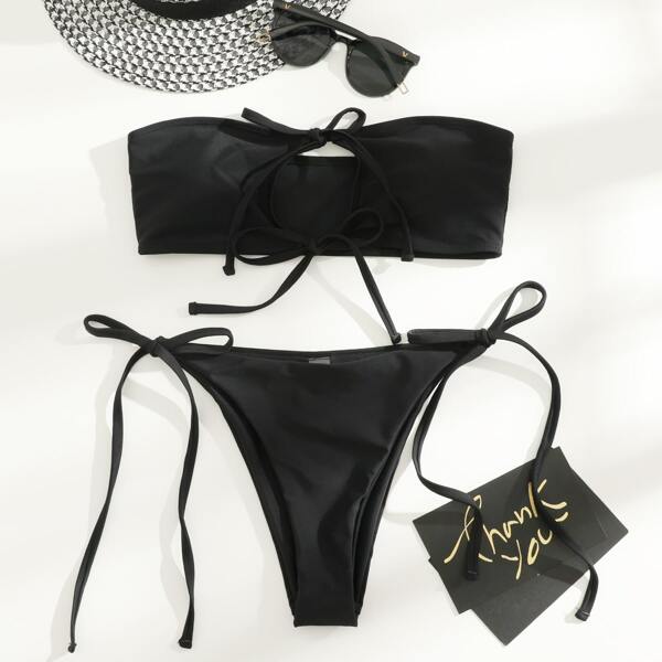 

Bandeau Tie Side Bikini Swimsuit, Black