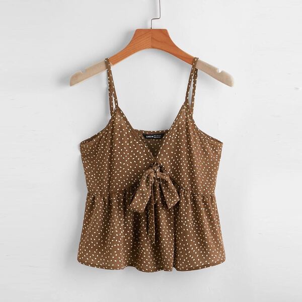 

Plus Allover Print Tie Front Smock Cami Top, Brown