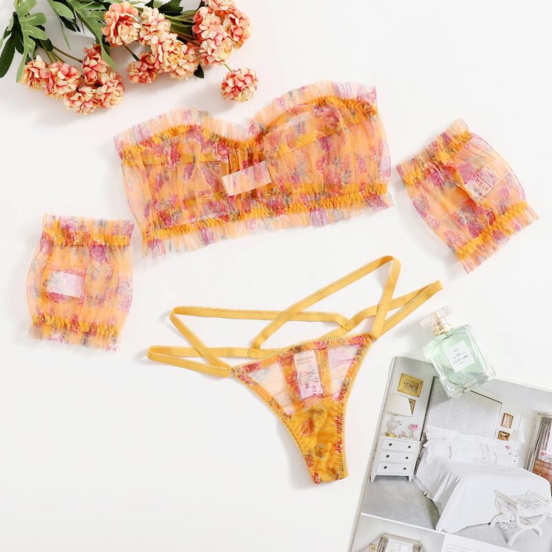 

3pack Floral Print Frill Trim Mesh Lingerie Set, Ginger