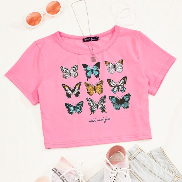 

Butterfly & Letter Graphic Crop Tee, Pink