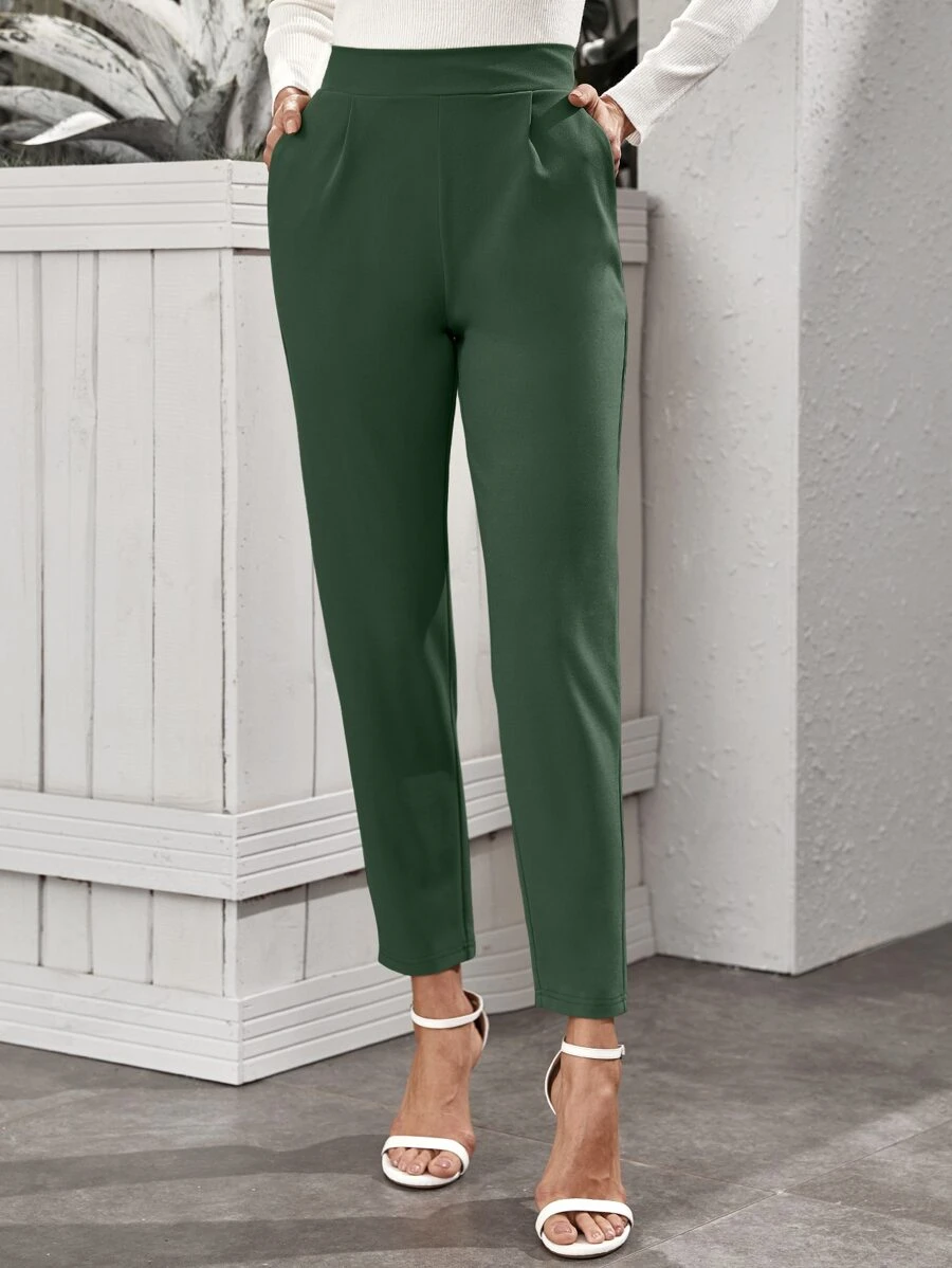EMERY ROSE Pantalones con bolsillo oblicuo de cintura alta - Verde Oscuro - Ver 1