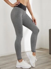 SHEIN Yoga Trendy Wide Band Waist Honeycomb Textured Sports Leggings - Grey - View 3
