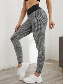 SHEIN Yoga Trendy Wide Band Waist Honeycomb Textured Sports Leggings - Grey - View 5