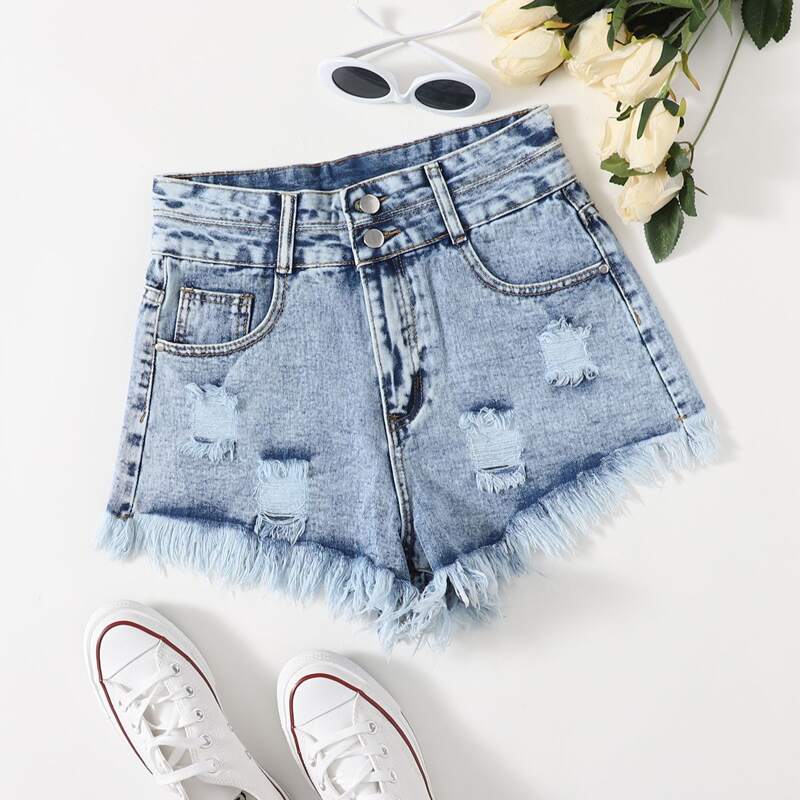 

Ripped Raw Hem Denim Shorts, Light wash