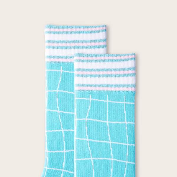 

Plaid Print Crew Socks, Baby blue