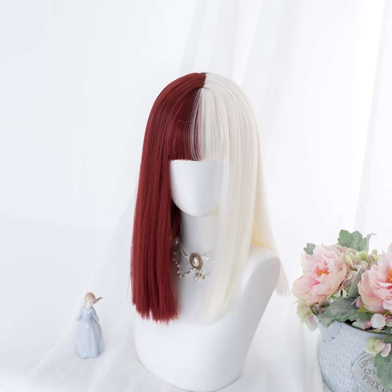 

Colorblock Natural Long Wig With Bangs, Red and white