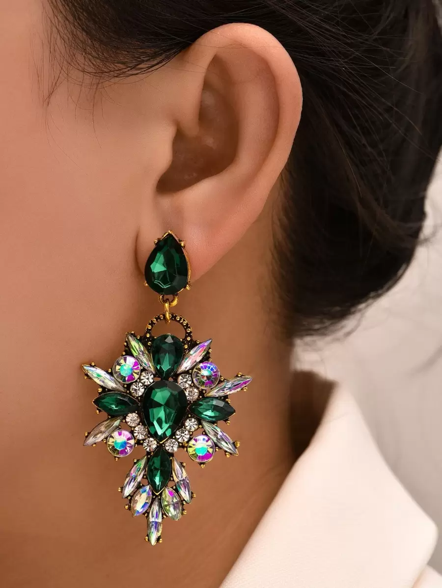 Rhinestone Decor Drop Earrings - Green - View 1
