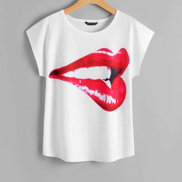 

Lip Print Batwing Sleeve Tee, White